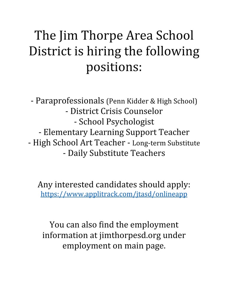 Jim Thorpe School District Hiring the Following Positions PennKidder